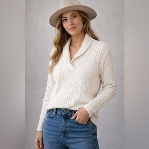 Jones New York Sport Cream Cable Knit Shawl Collar Sweater XL Cotton Cashmere
